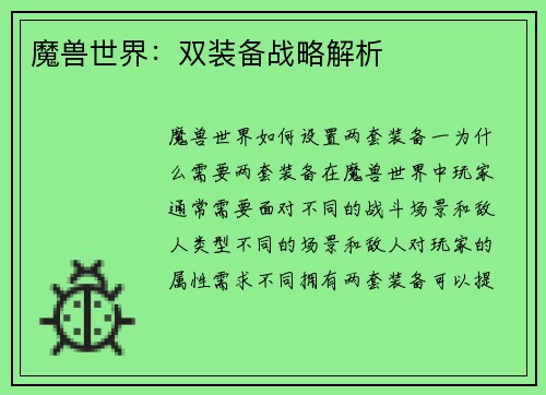 魔兽世界：双装备战略解析
